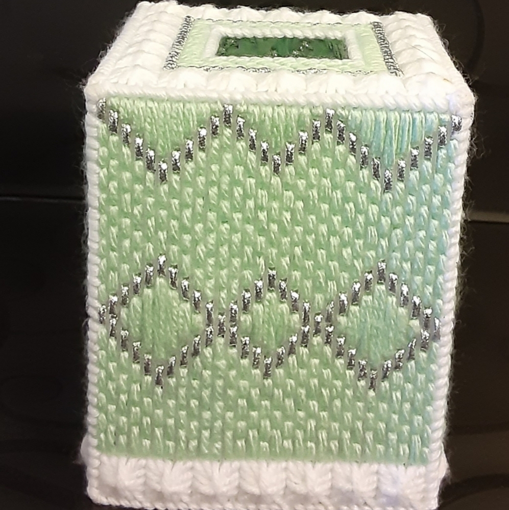 Crocheted tissue box cover.
